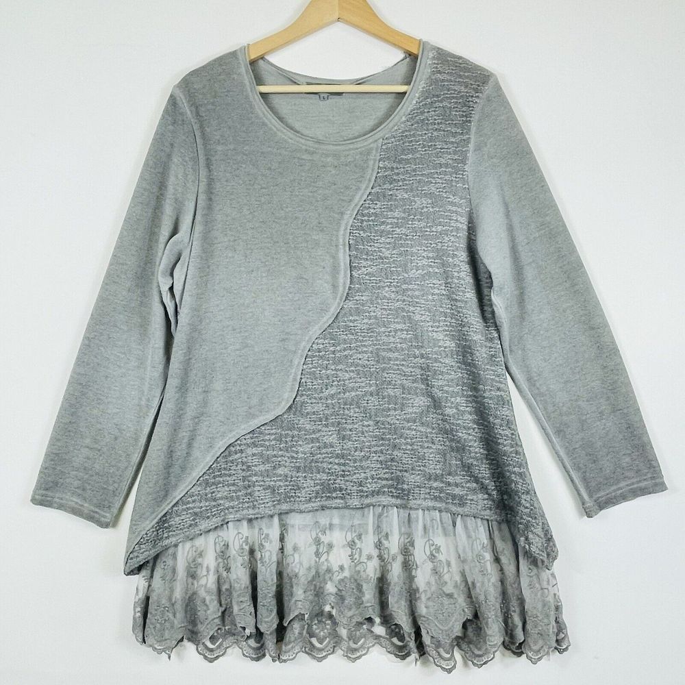 Simply Couture Tunic Top Womens Large Gray Lace Hem Boho Shabby Chic Lagenlook